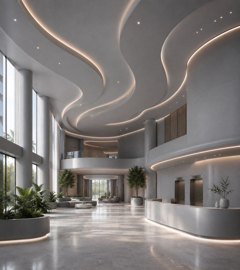 WAZWOOD NFC ceiling panel boards in hotel lobby feature ceiling