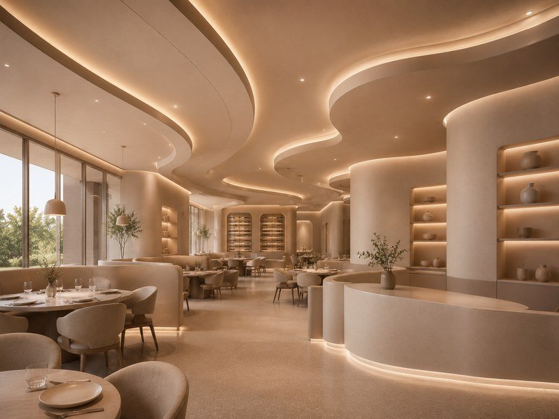 WAZWOOD ceiling panel boards in premium restaurant dining area