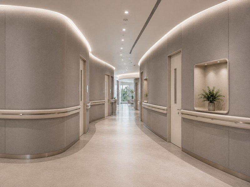 WAZWOOD Healthcare Interior Materials — Hospital Corridor WAZWOOD wall panels lining hospital corridor for hygiene and durability