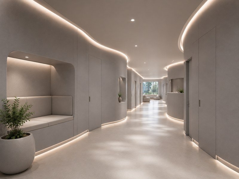 Medical centre corridor paneled with WAZWOOD NFC boards