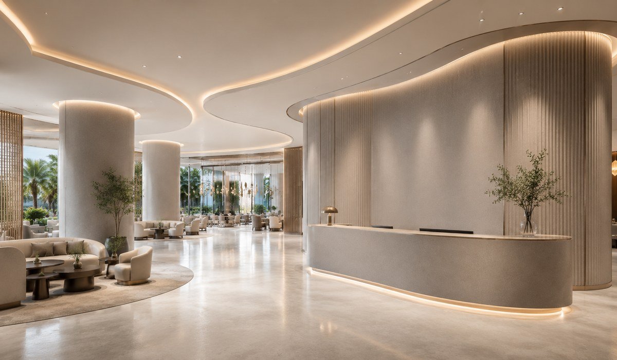 WAZWOOD Hospitality Boards — Five Star Hotel Lobby WAZWOOD luxury surface solutions in five-star hotel lobby interior