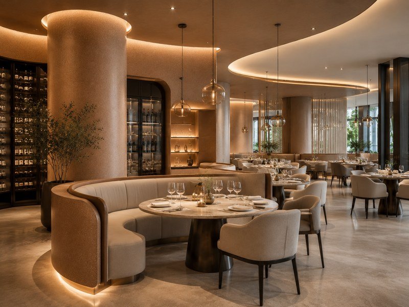 WAZWOOD Hospitality Boards — Fine Dining Restaurant WAZWOOD interior boards in premium hotel restaurant and dining area