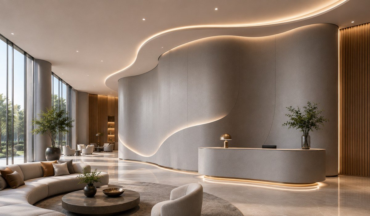 Luxury hotel lobby feature wall with WAZWOOD premium interior boards
