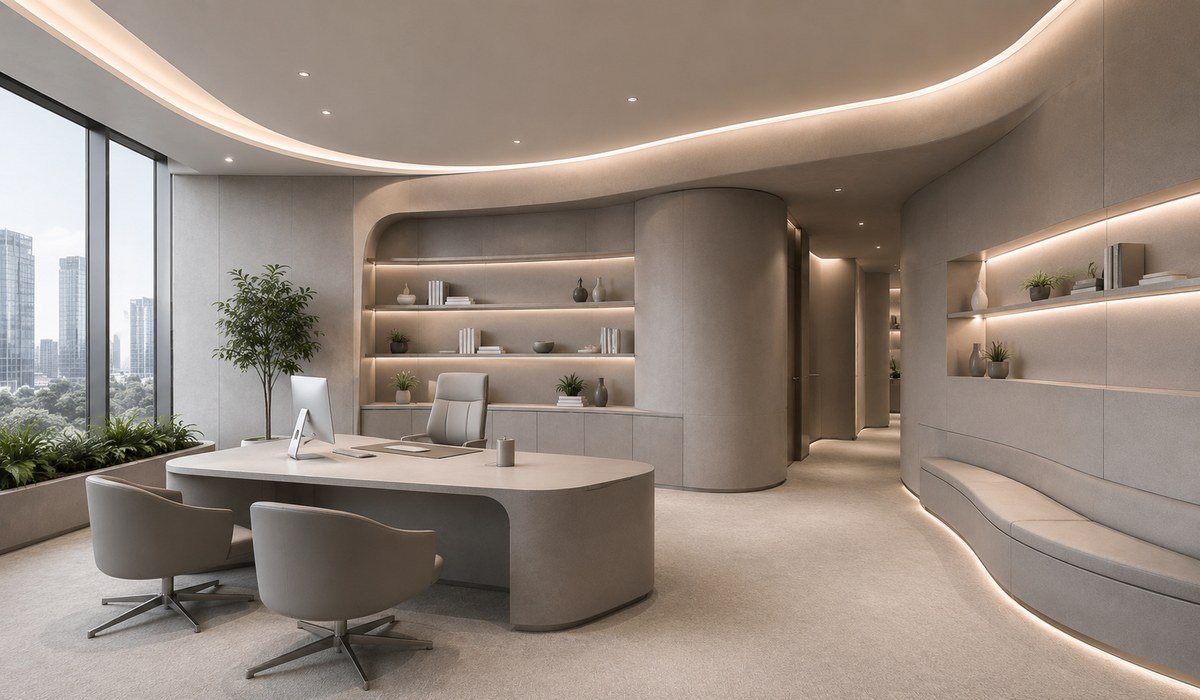 Premium corporate office interior featuring WAZWOOD NFC boards