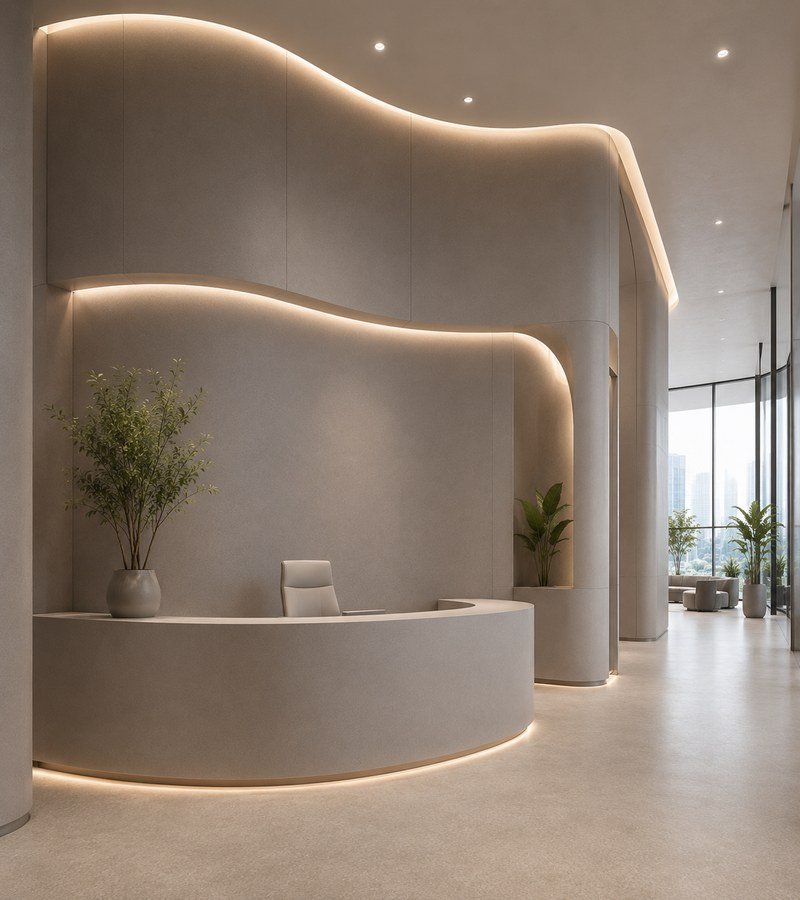 Office reception counter and feature wall with WAZWOOD boards