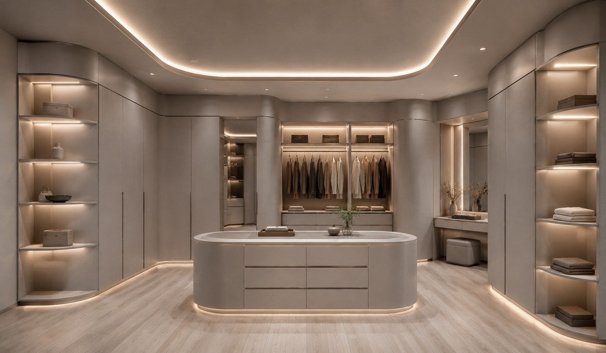 Luxury walk-in wardrobe with WAZWOOD NFC boards
