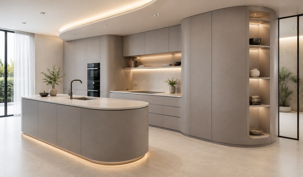 WAZWOOD waterproof boards installed in luxury modular kitchen with island